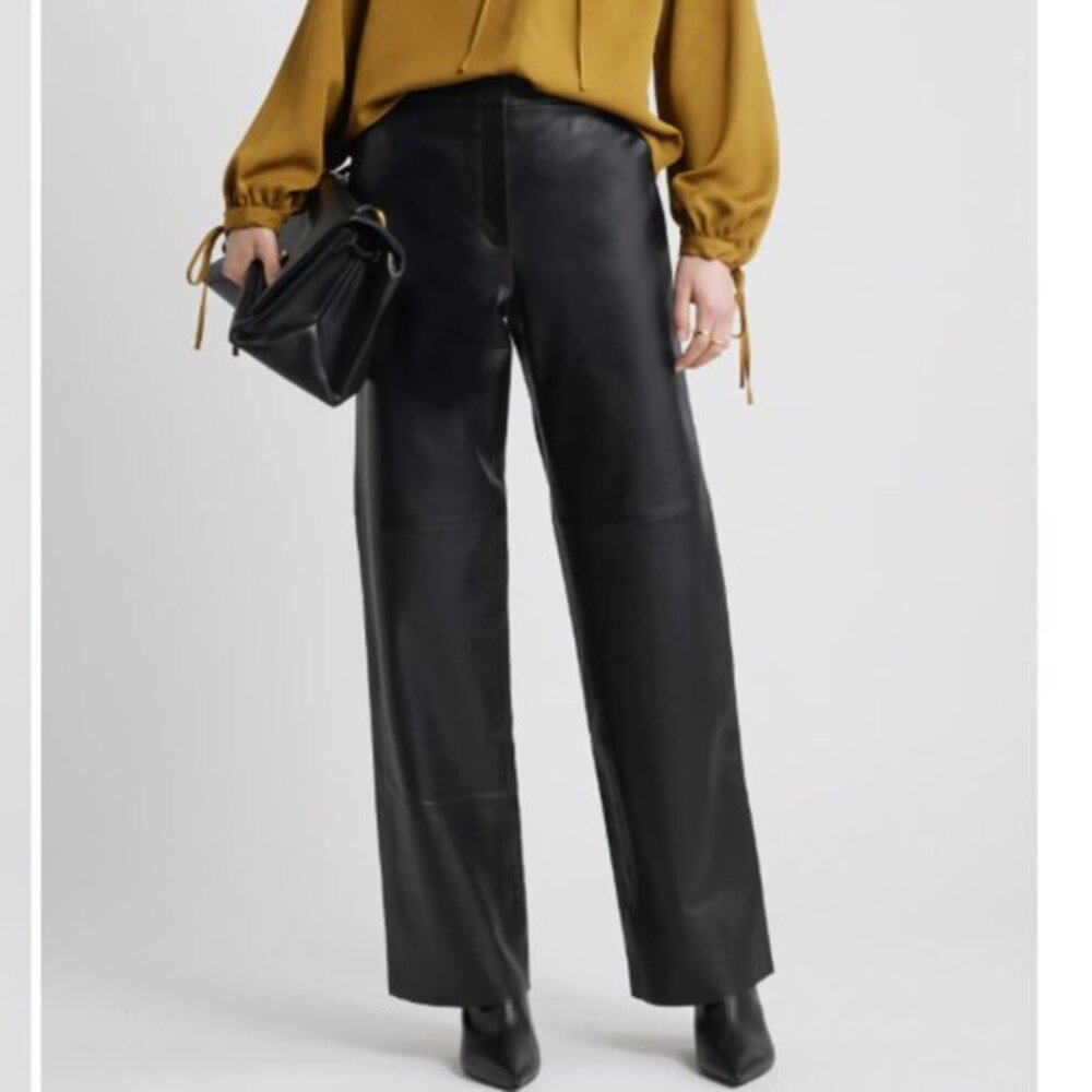 Newport News Leather Pants Womens 10 Black High‎ Waisted Front Zip Straight Leg